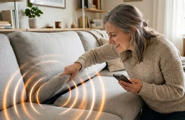 Kvinde der finder det ringende Ondrela-kort mellem sofahynderne